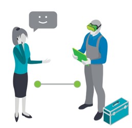 Mann und Frau mit Virtual-Reality-Brillen, die digitale After-Sales-Services erkunden.