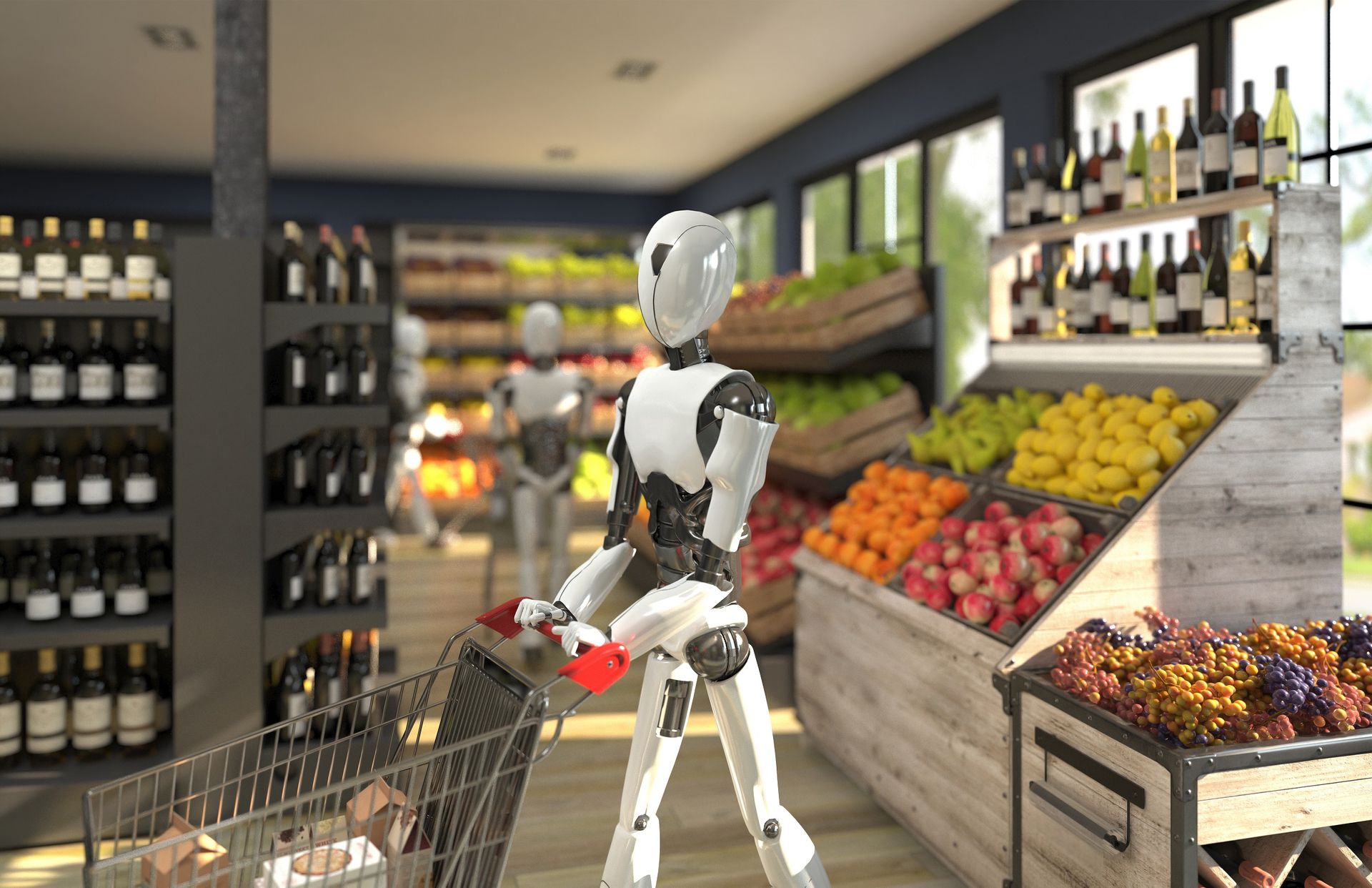 Roboter schiebt einen Einkaufswagen durch einen Lebensmittelgeschäft.