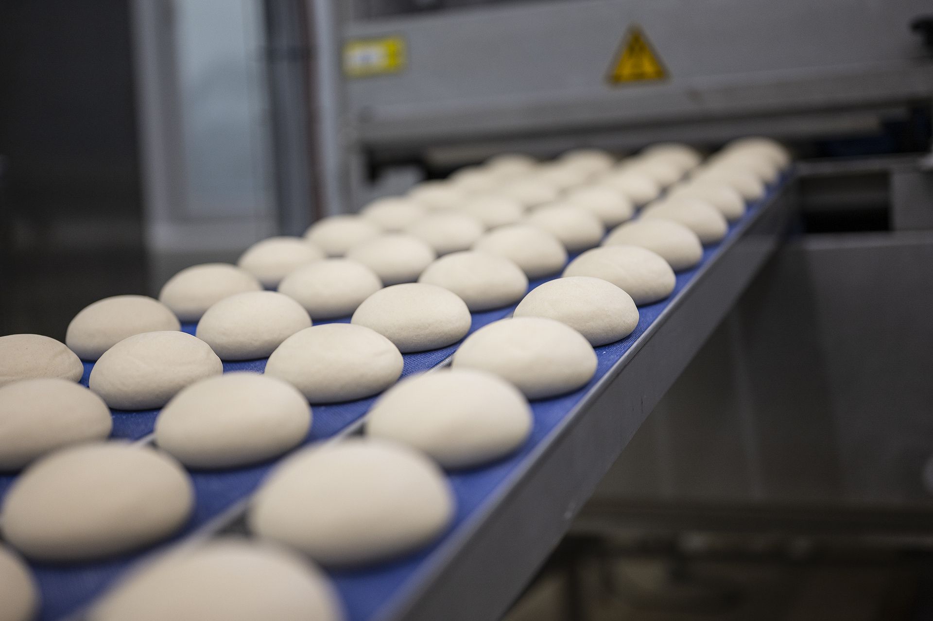 Runde weiße Objekte auf einem Förderband in einer Lebensmittelfabrik.