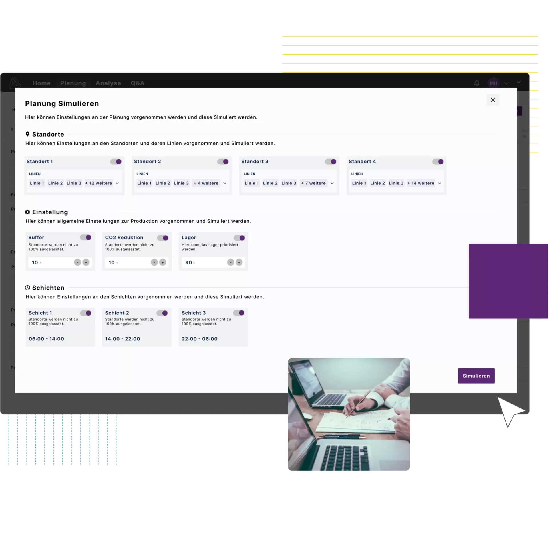 Screenshot eines Computers mit einer Benutzeroberfläche zur smarten Produktionsplanung.